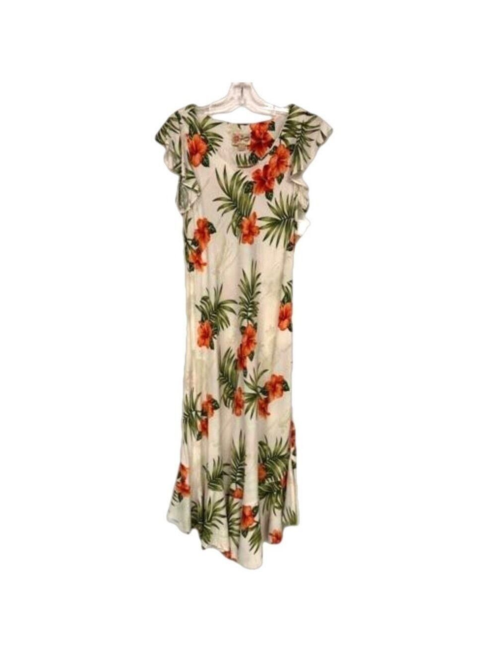 Hilo Hattie hibiscus white orange a-line maxi dress Large ruffle hem Vintage